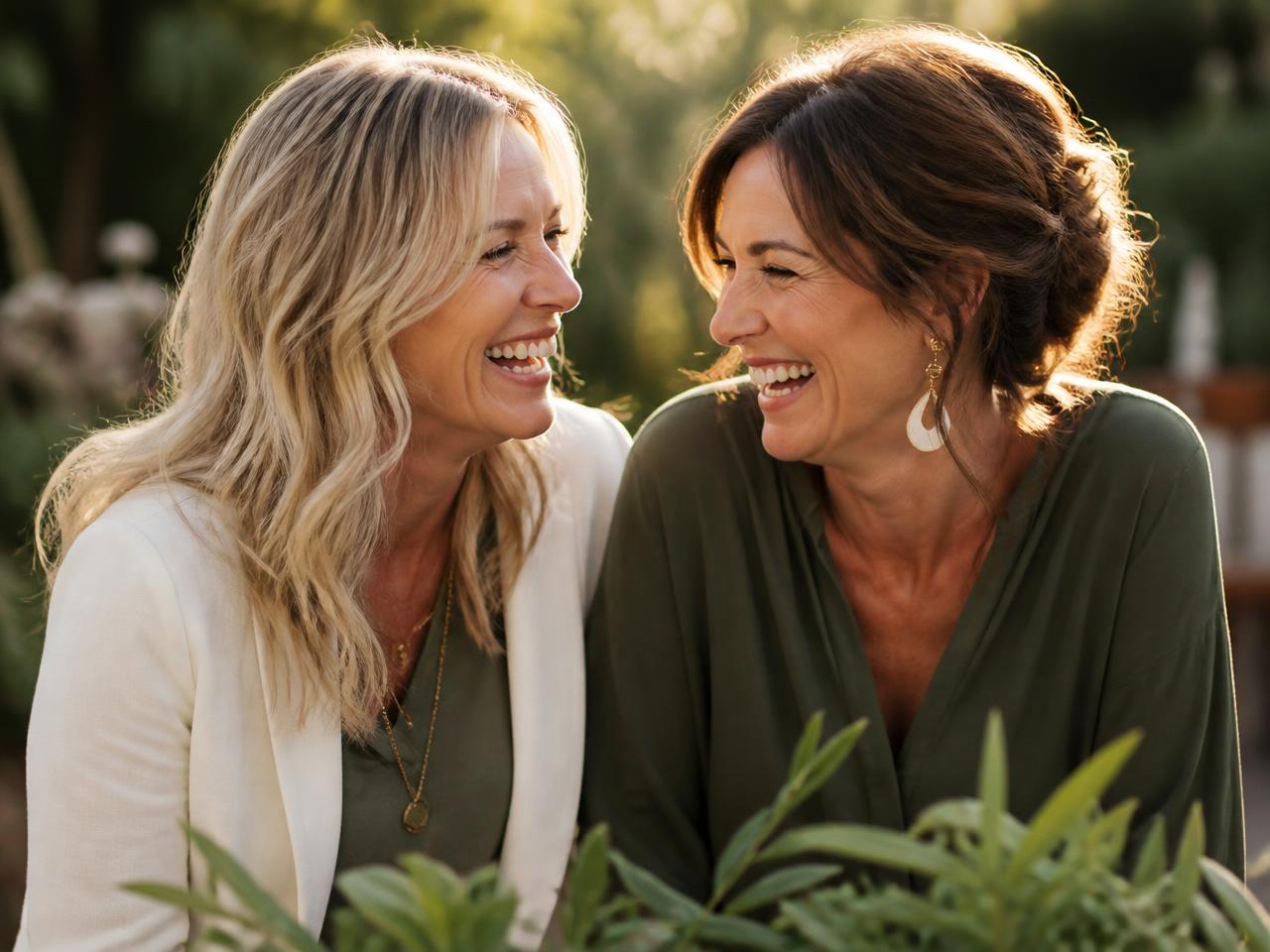 Duas mulheres na casa dos cinquenta rindo juntas na luz do fim da tarde